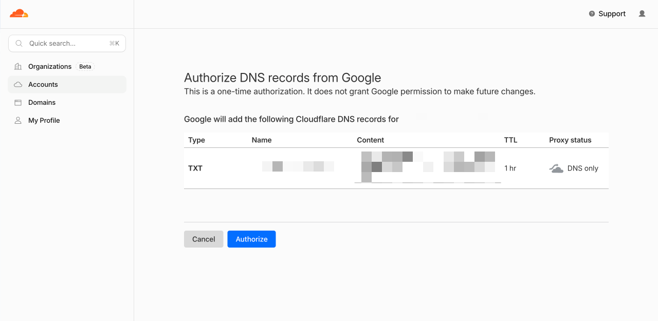 Cloudflare 顯示 Google 網域驗證所需 TXT 紀錄及一次性授權按鈕
