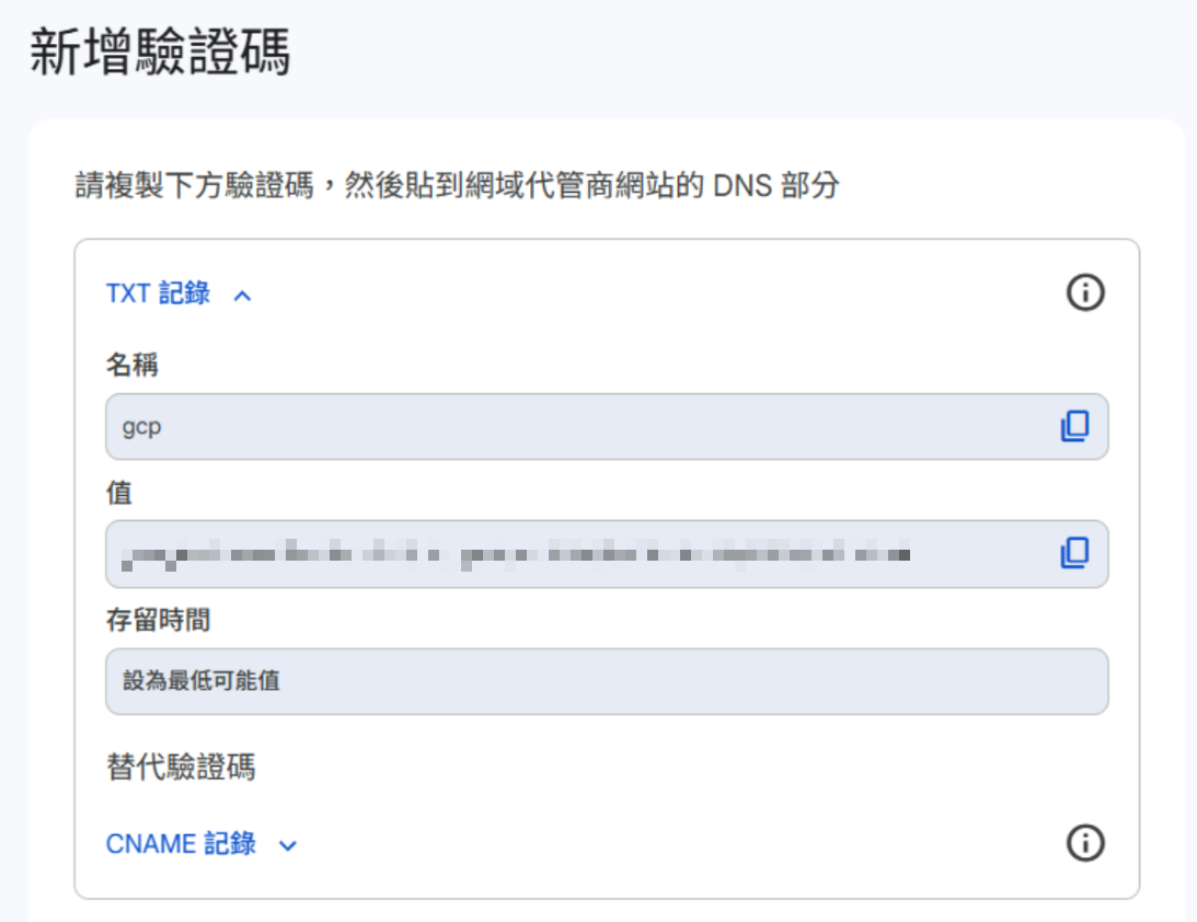 Google Workspace 手動網域驗證頁面提供 TXT 紀錄名稱、驗證值與存留時間